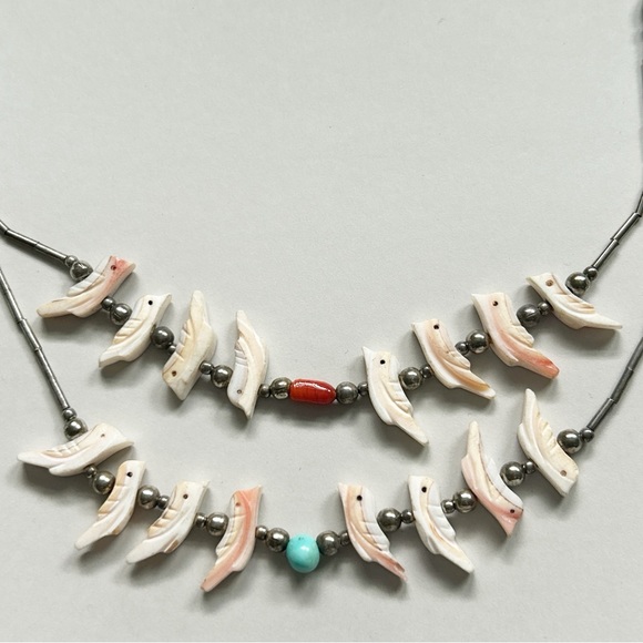 Vintage Southwestern Two Strand Fetish Turquoise Coral Sterling Silver Necklace - Picture 8 of 13